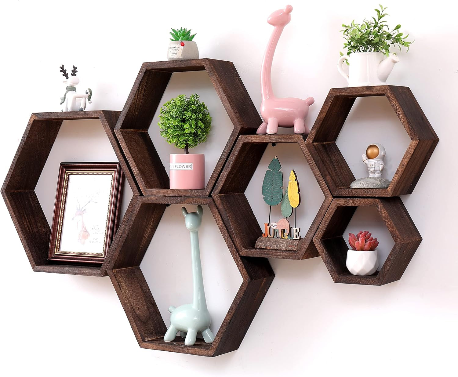Dark brown hexagon shelves mounted with decorative plants, toys and framed photo inside
