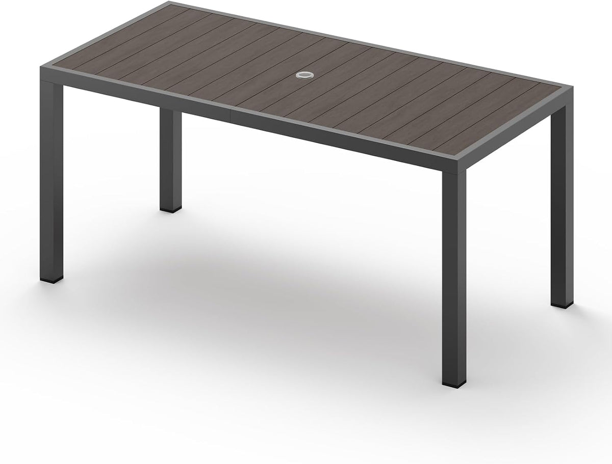 Rectangular charcoal-framed dining table with a dark wood plank top and central umbrella hole.