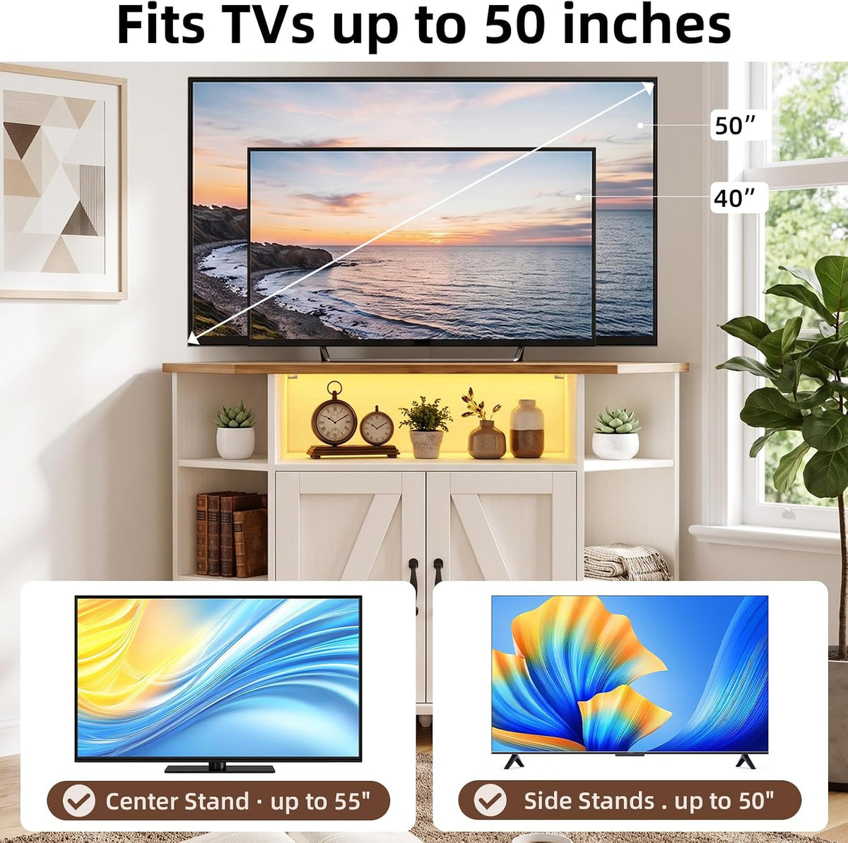 Top-down view showing TV on the stand with center-pedestal and side shelving for decor