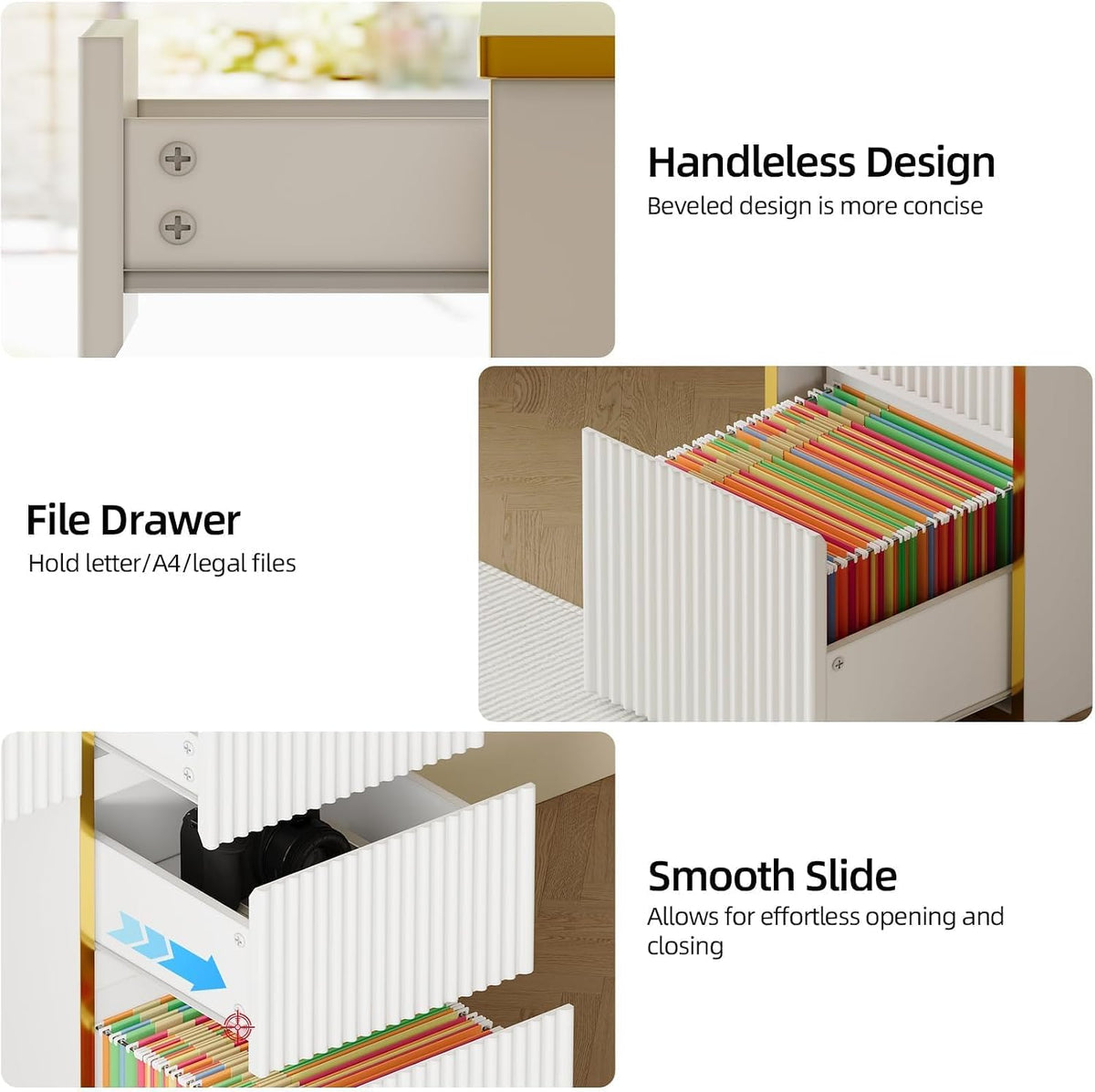 Detail collage showing drawer interiors, file drawer with hanging folders and internal slide hardware