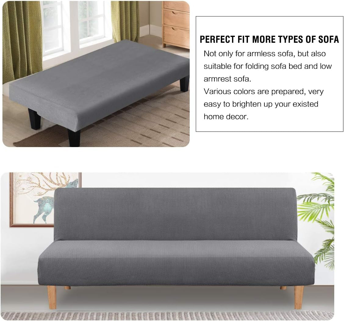 Grey slipcover shown on a folded sofa-bed and on a one-piece sofa to illustrate coverage and fit