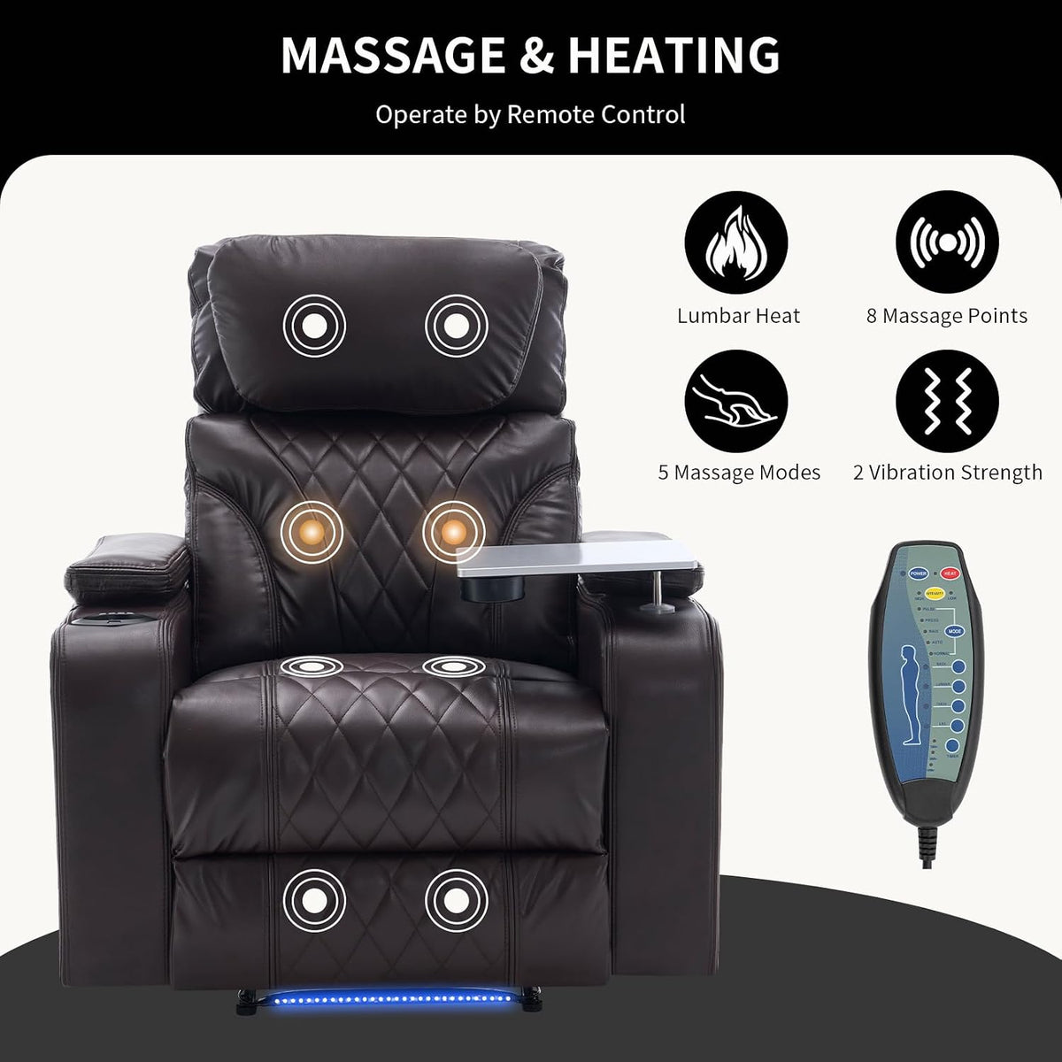 Front view of recliner with massage point indicators on seat and back and a wired remote beside the chair