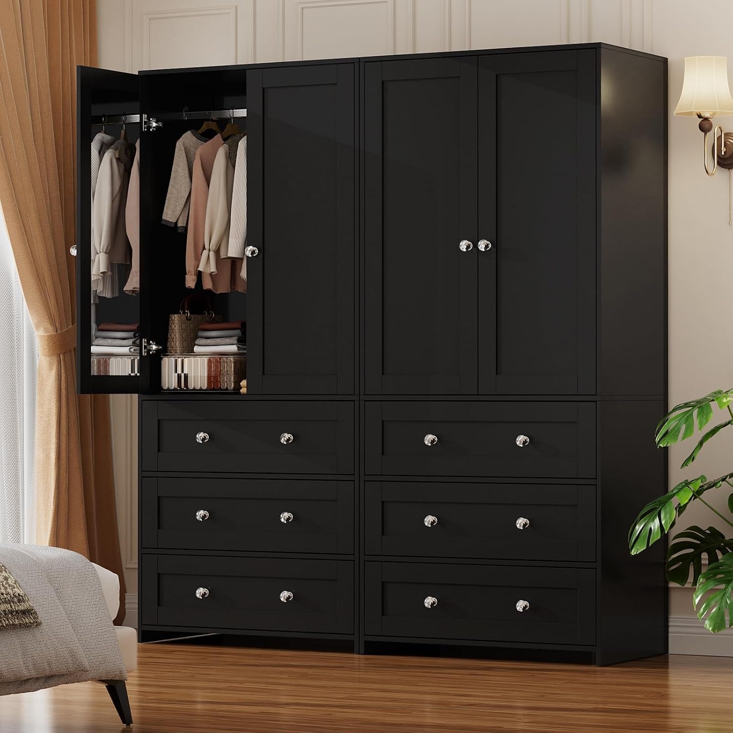 Matte black tall wardrobe with six drawers and two-door upper cabinet, one left door open revealing hanging clothes and