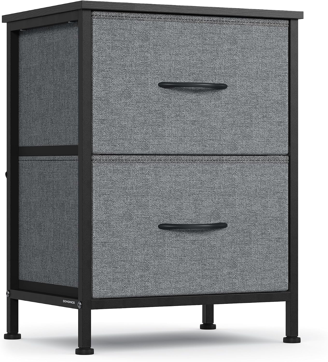 Angled front view of a two-drawer bedside chest with textured light gray fabric drawers