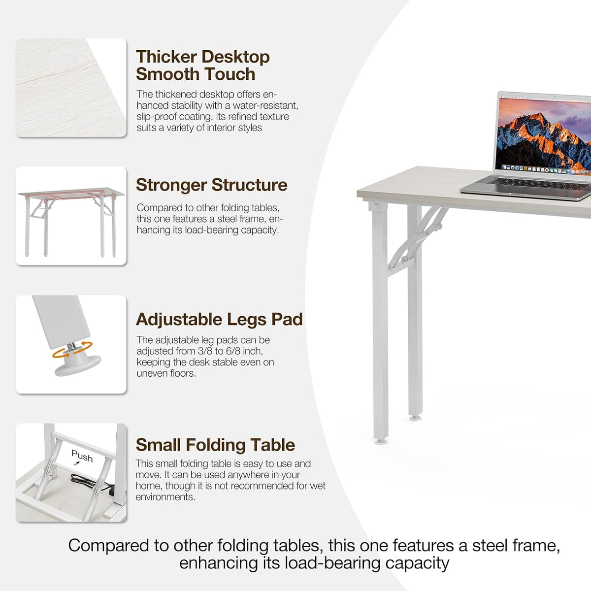 Side view of the assembled desk showing thicker desktop, steel legs, and adjustable leg pad.