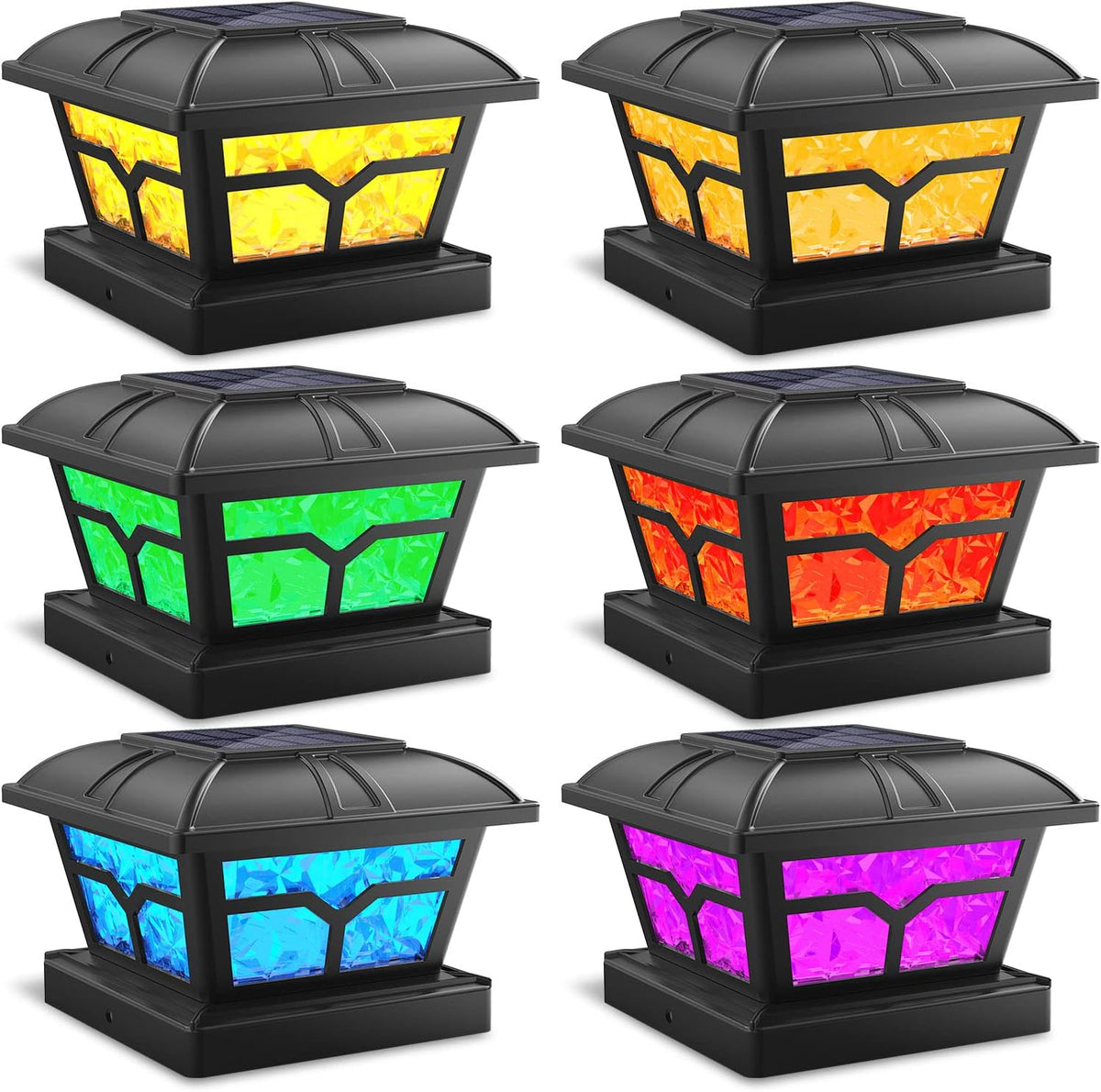 Six black post cap lights display glowing panels in yellow, green, red, blue, and purple.