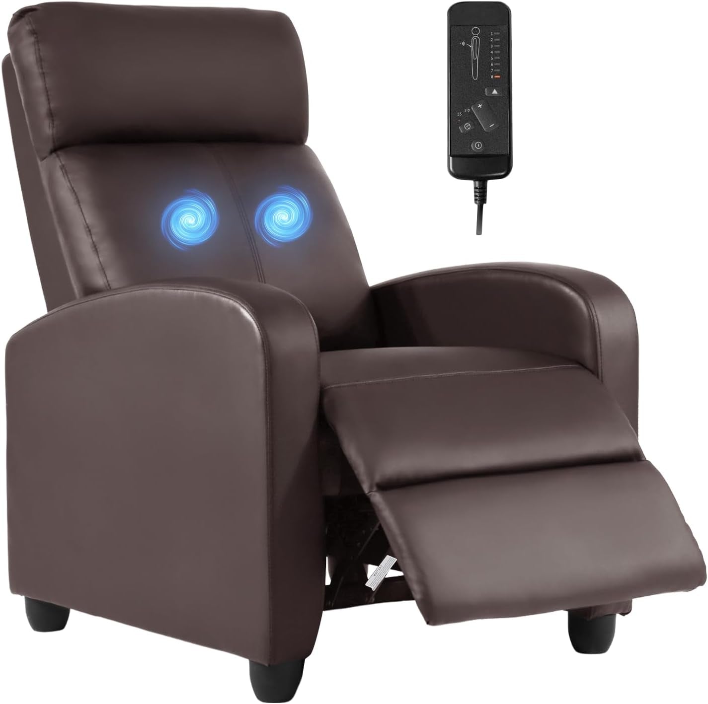 Brown PU recliner with footrest extended, blue swirling icons on the back and a handheld remote shown above.