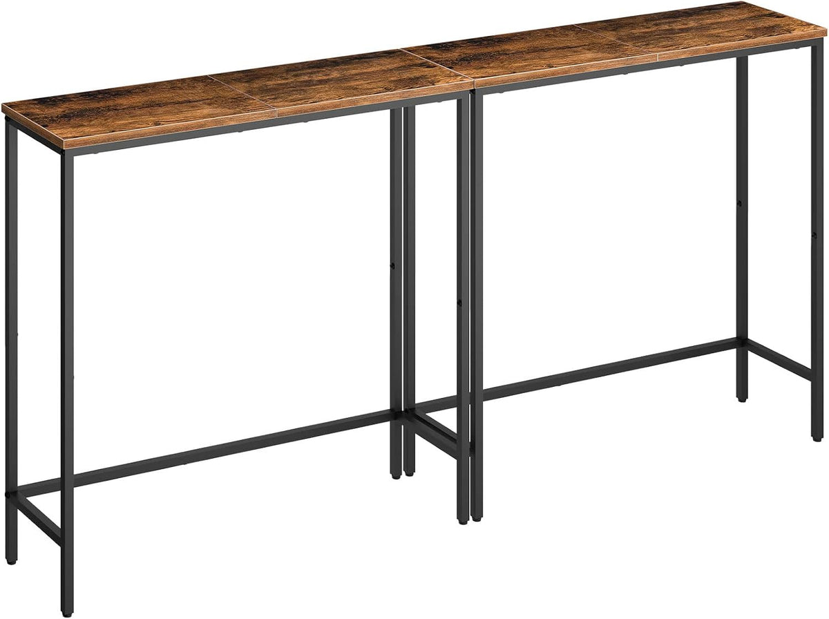 Narrow console table with dark reclaimed-wood top and black metal frame shown from an angle