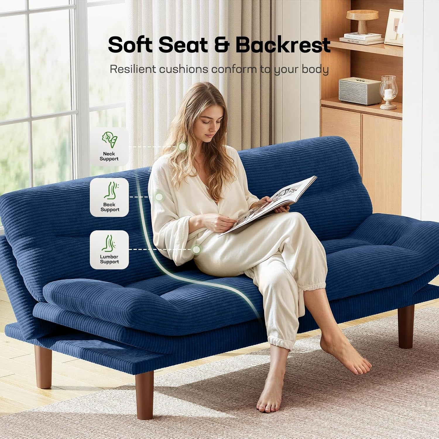 66.02" Futon Sofa Bed, Convertible Corduroy Futon Couch with Adjustable Backrest & Armrests, Small Sleeper Sofa Loveseat for Living Room, Apartment, Blue