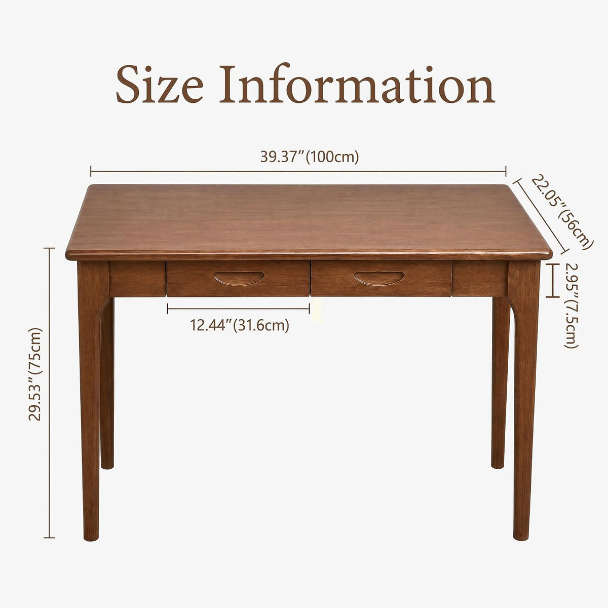 Front-facing size diagram of the desk showing width, depth and height annotations