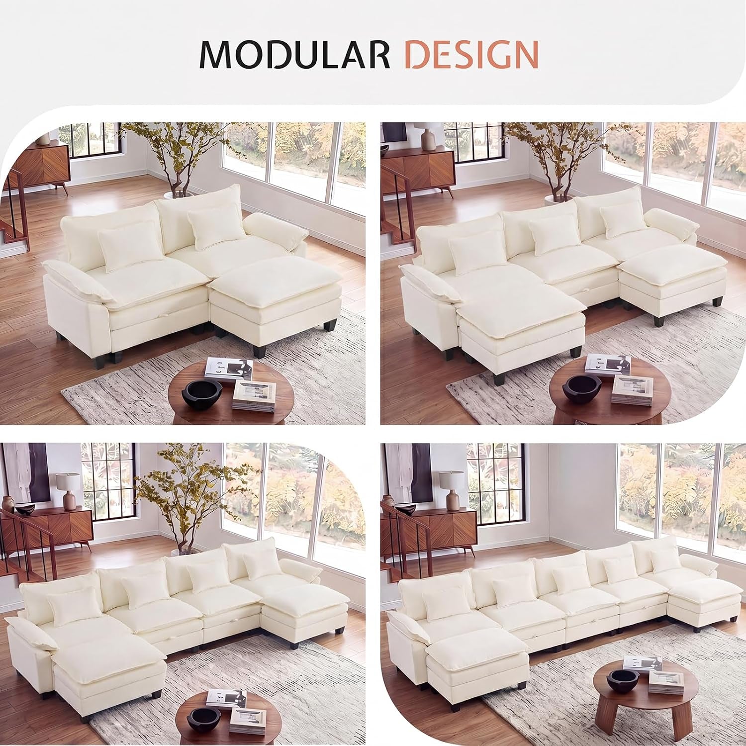 Four-panel collage showing the same cream modular sofa arranged in several chaise and ottoman configurations.