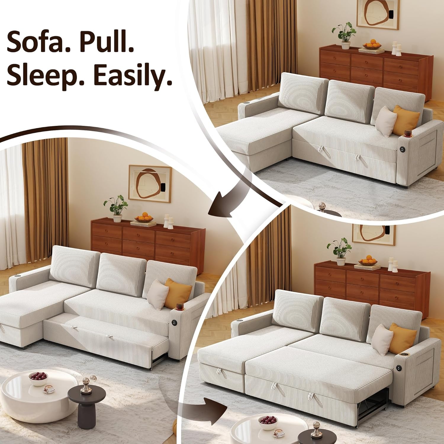 Three views of the beige L-shaped sofa showing sofa, pulled-out bed and chaise configurations in a staged room