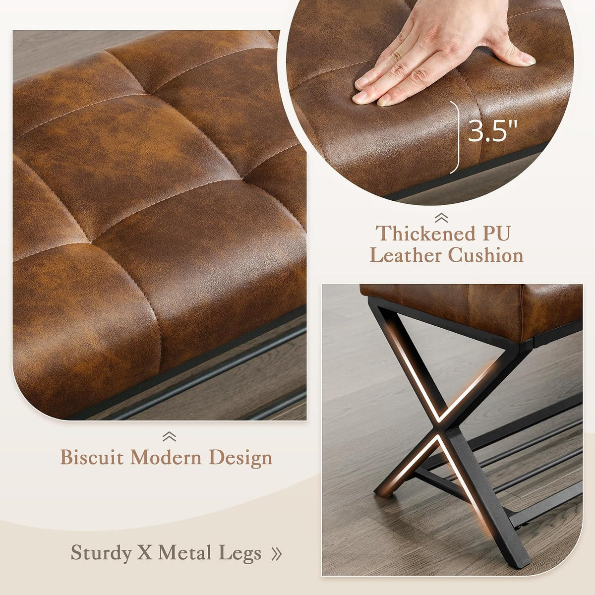 Close-up of tufted PU cushion texture, 3.5" seat thickness and X-shaped metal leg detail
