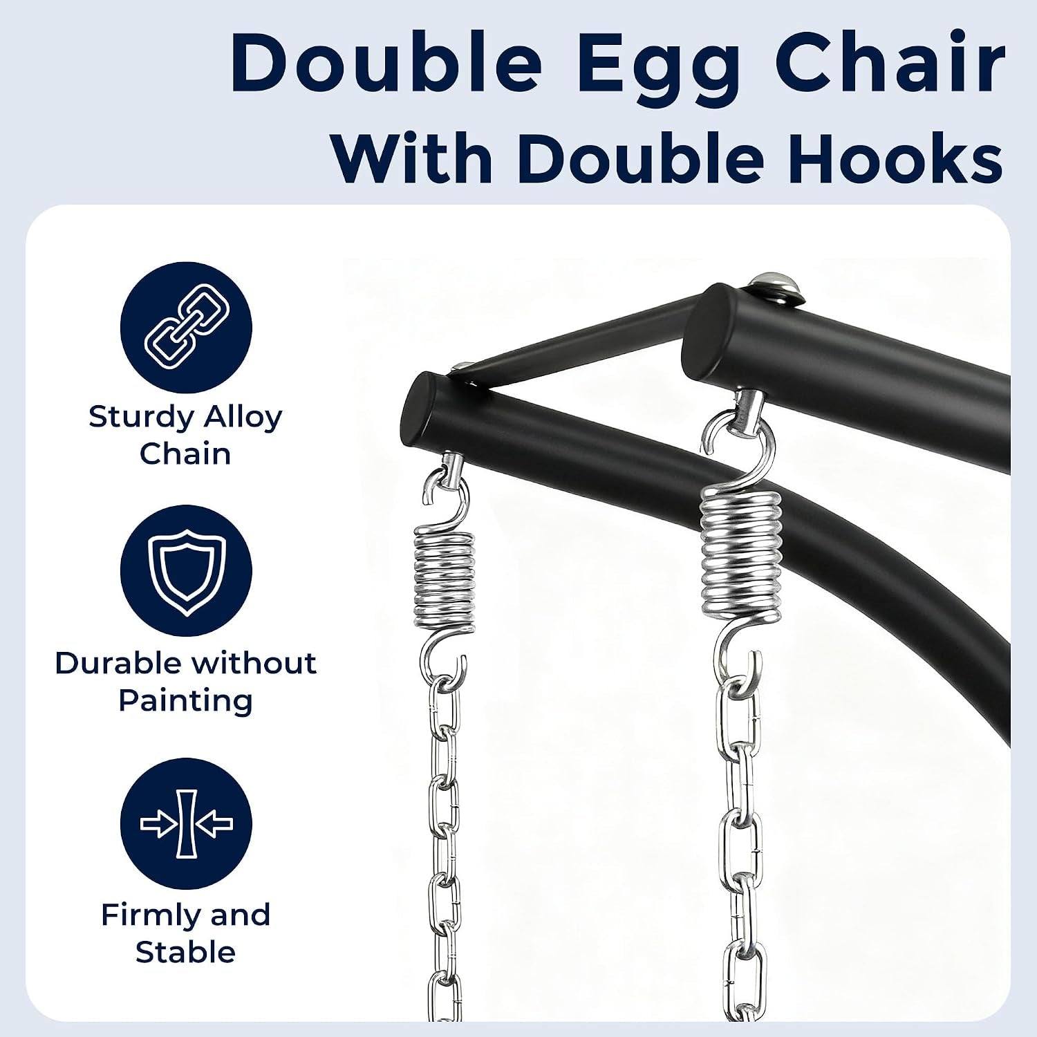 Two metal springs and chains hanging from black tubular frame brackets shown against a white background.