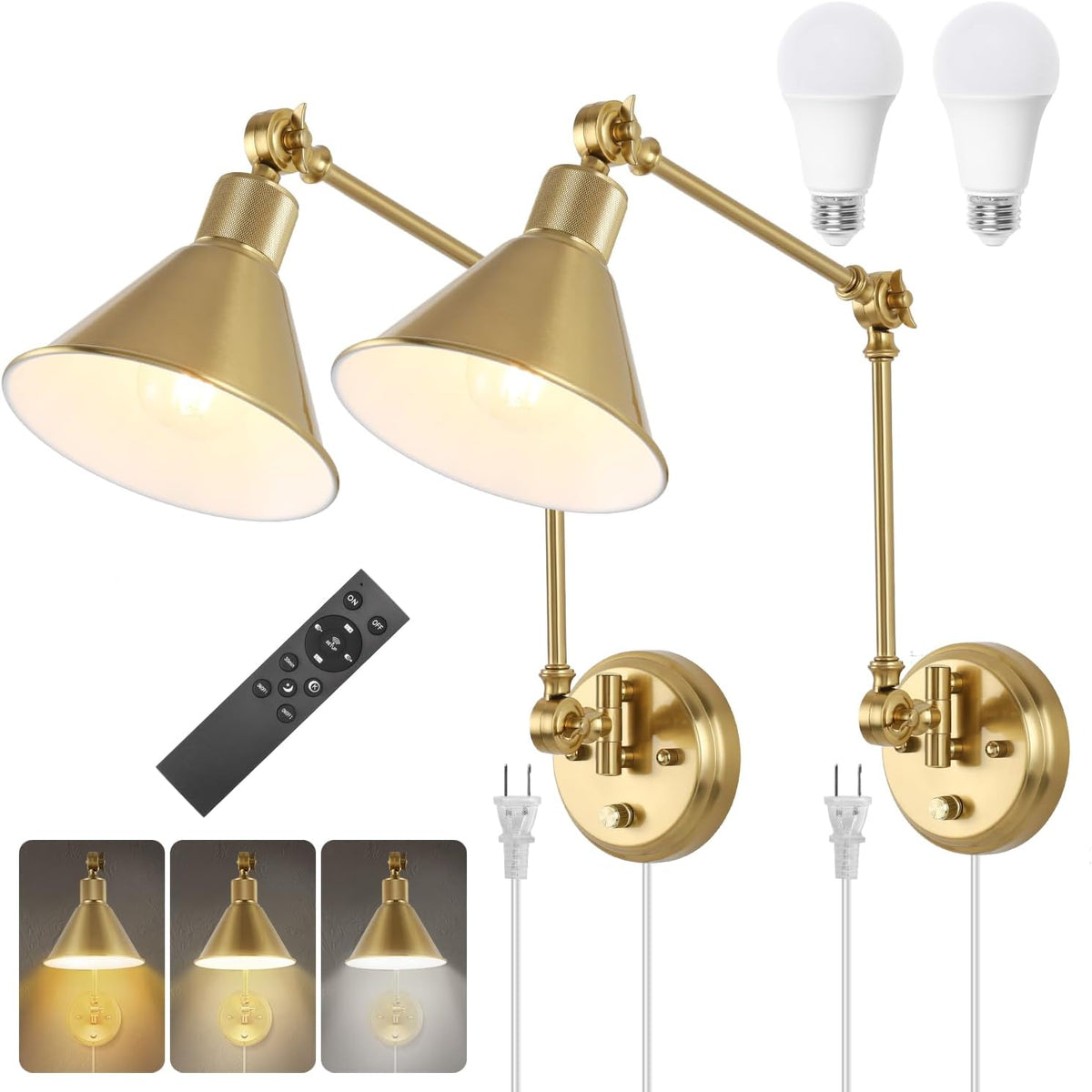 Two gold swing‑arm wall sconces with two LED bulbs and a remote shown together