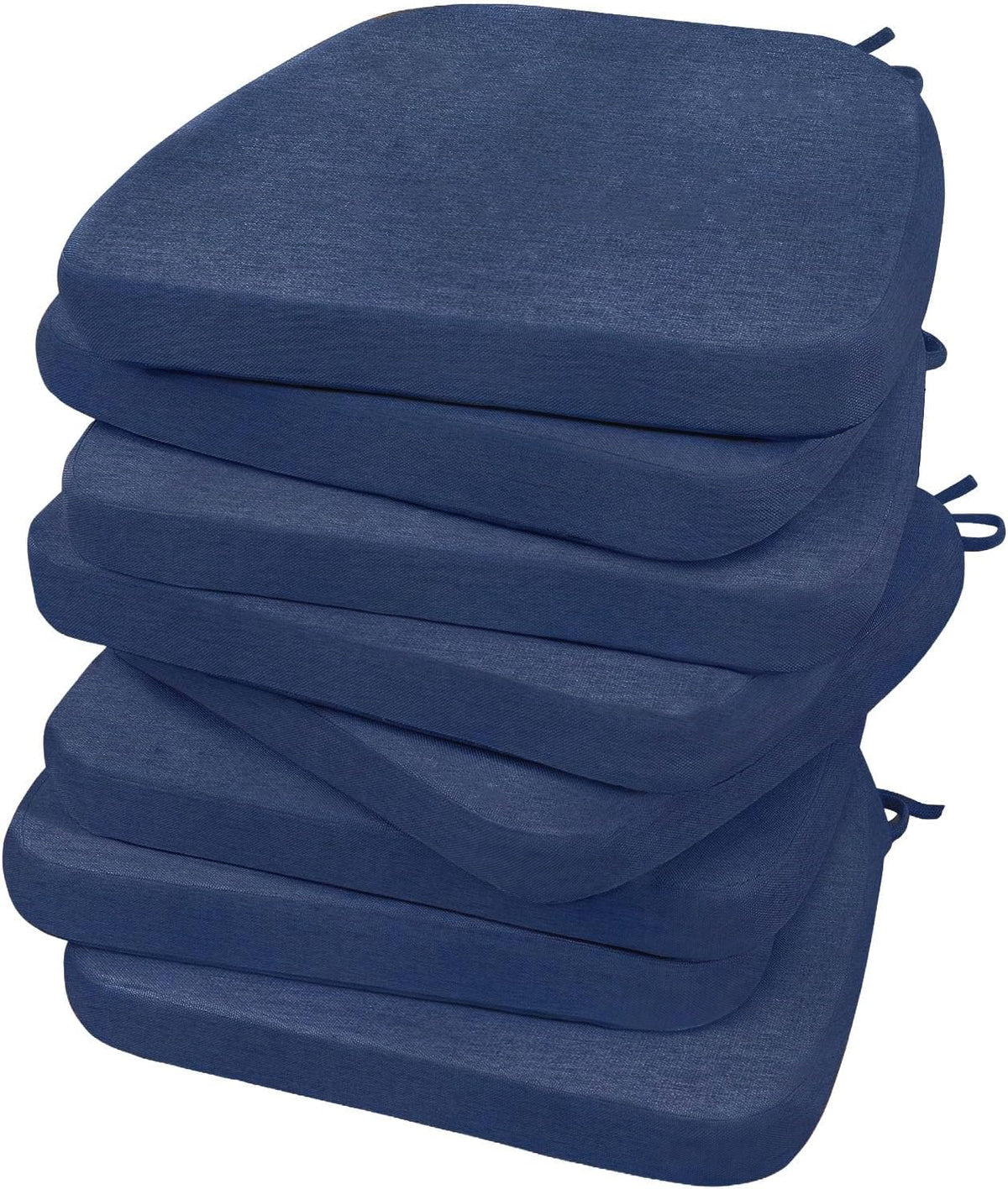 Tall stack of six navy D-shaped chair cushions shown from a slightly elevated angle, ties peeking at sides