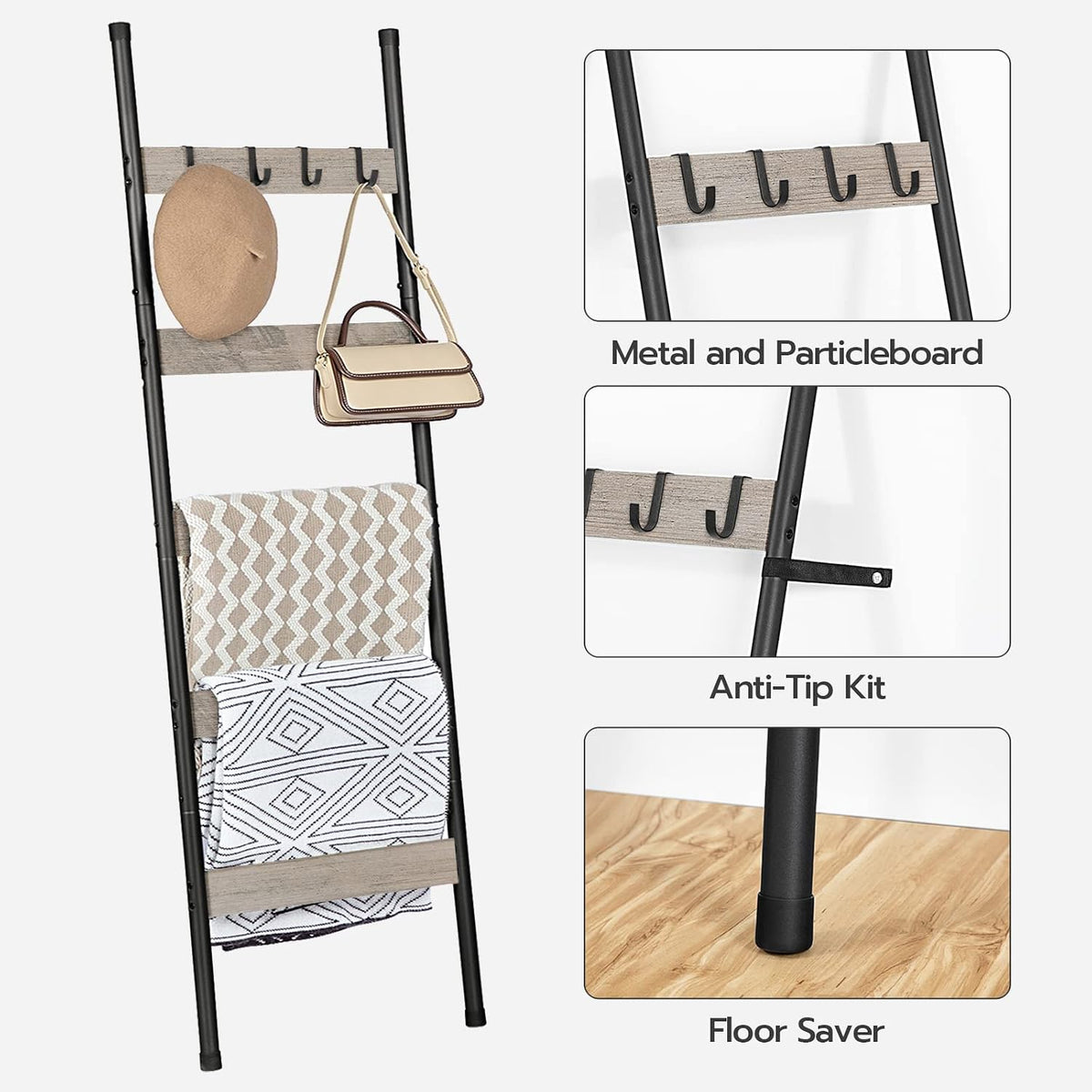 Detail of black metal side tube with floor-saver cap and a particleboard slat with attached black hooks