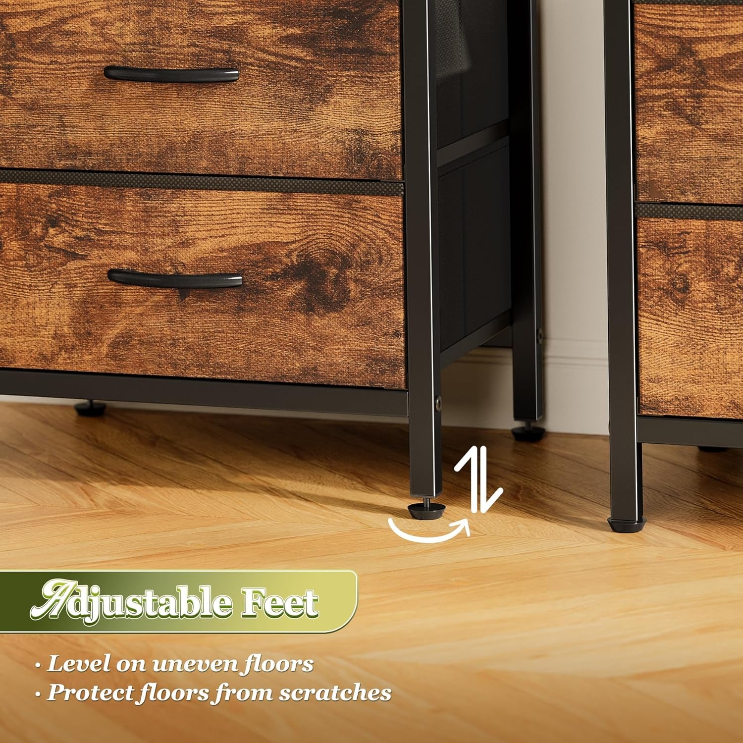 Close-up of black metal legs and adjustable plastic foot under a brown wood nightstand.