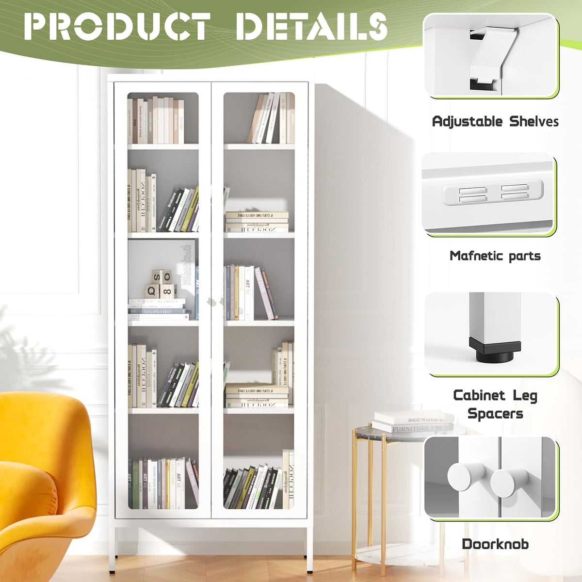 Collage highlighting adjustable shelf clips, magnetic parts, cabinet leg spacer and round white door knobs.