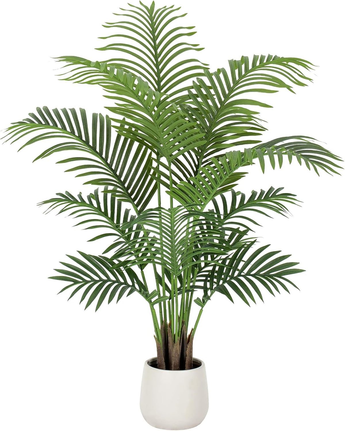 Studio crop showing dense layered green fronds and several exposed brown faux trunks in a rounded white pot.