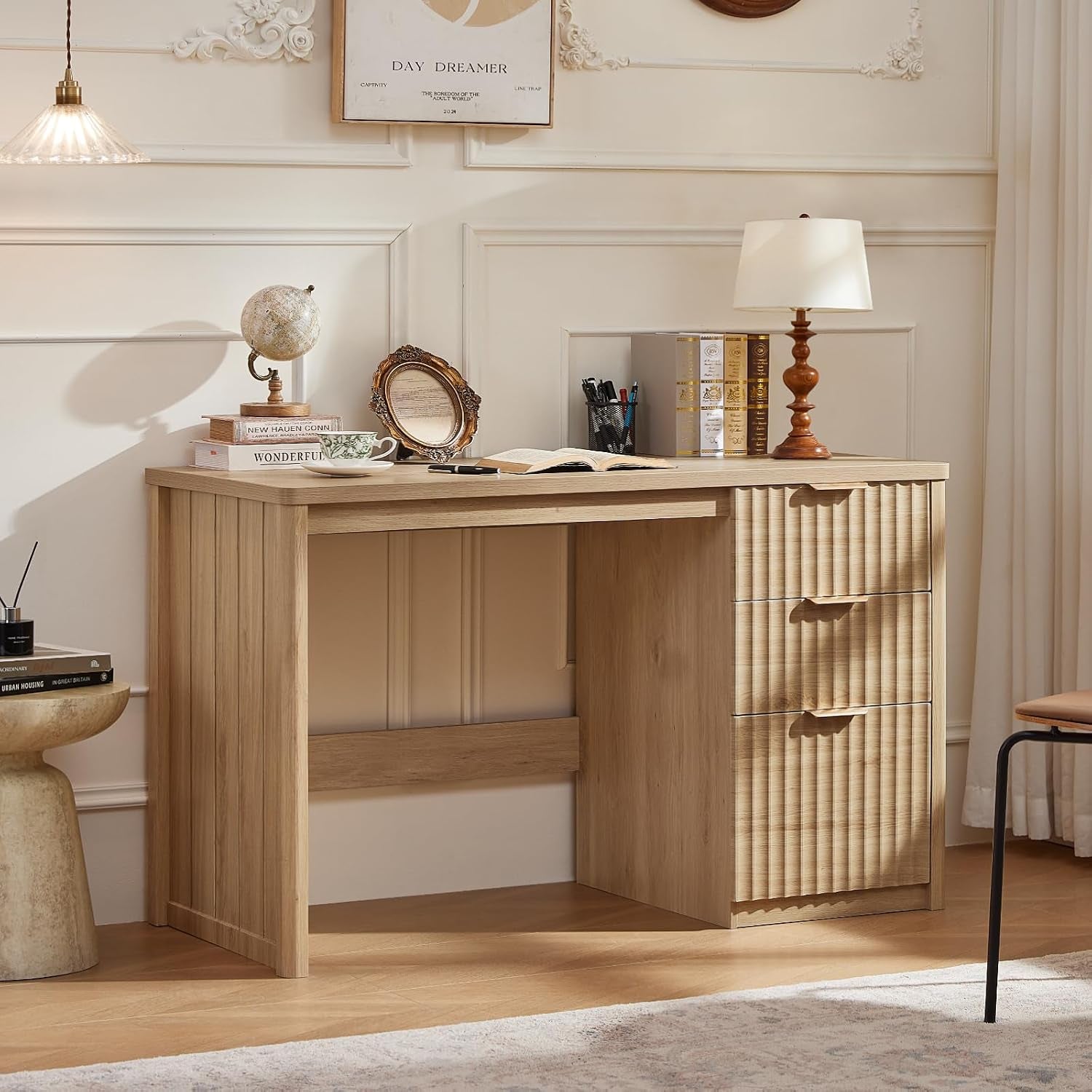 LEYAOYAO Office Desk 48" with 3 Drawers Storage File Cabinet | Wood Fluted Work Study Escritorio Desks for, gallery view 12
