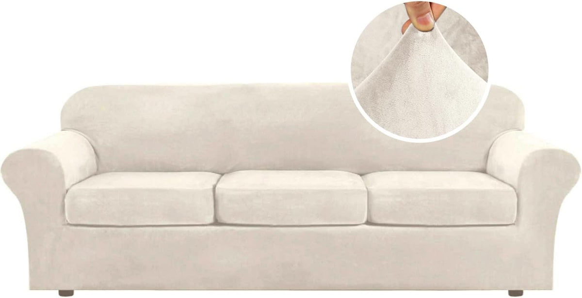 Front view of a three-cushion sofa covered in a light beige stretch velvet slipcover with inset fabric close-up.