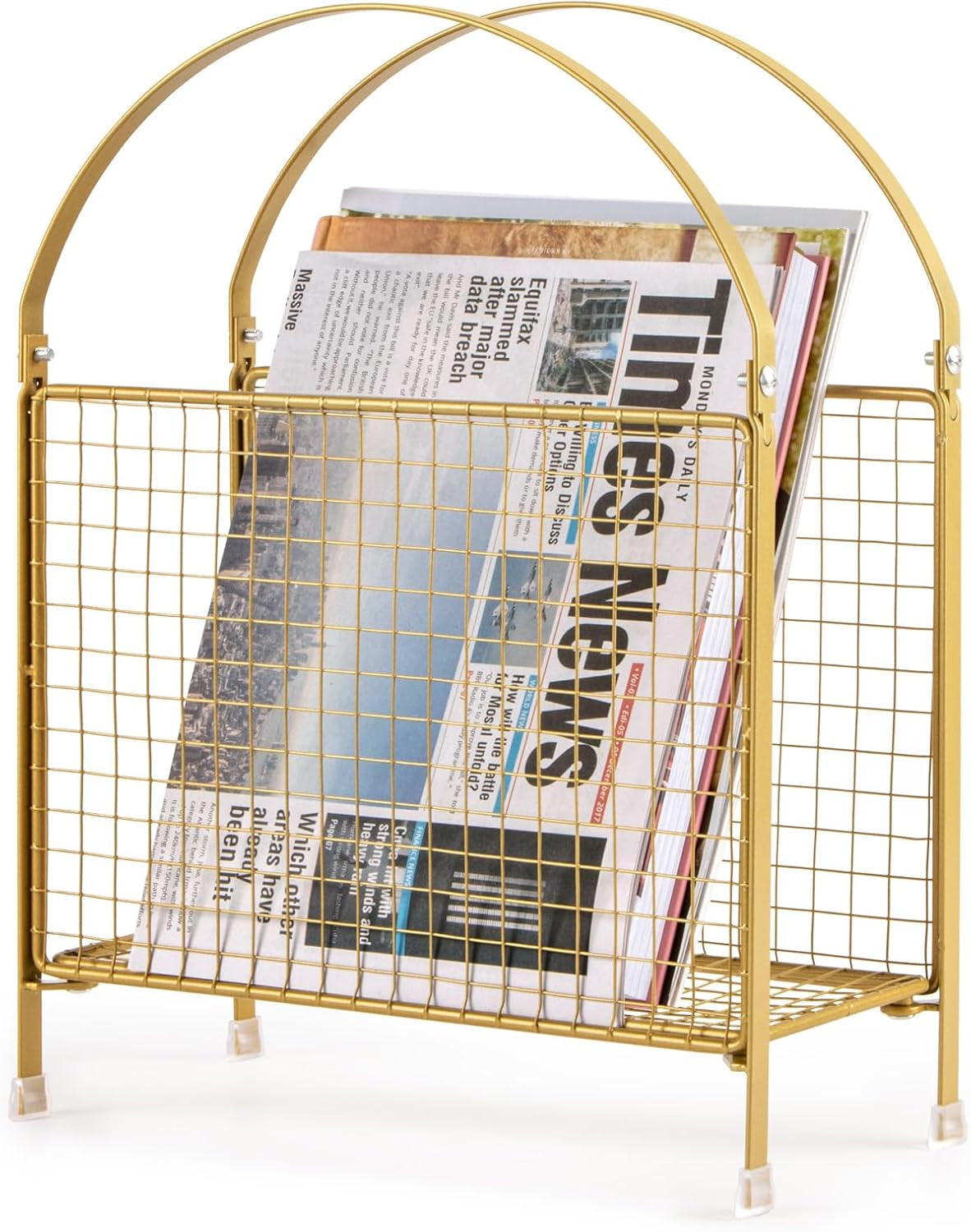 Gold metal mesh freestanding magazine rack front view filled with newspapers and clear rubber feet visible