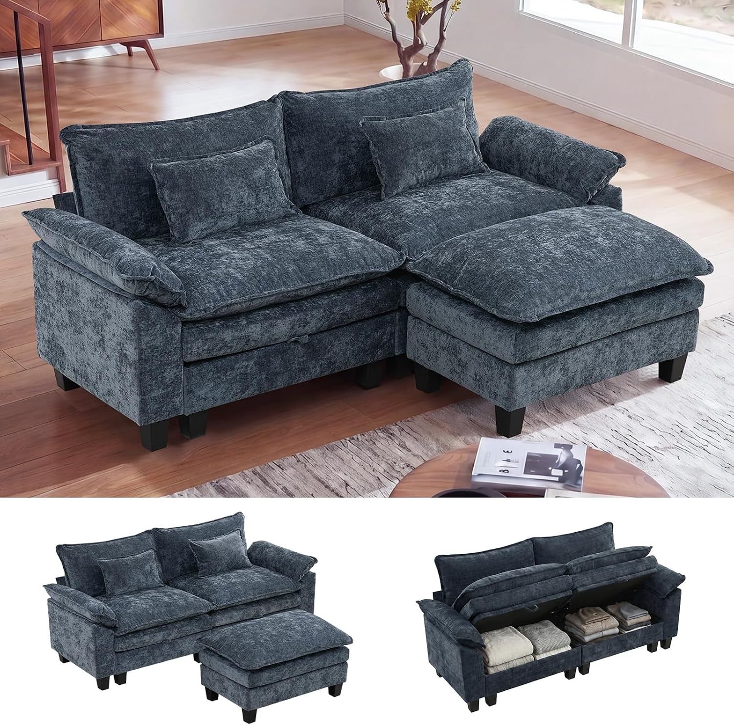 Dark gray/charcoal sectional with ottoman and visible under-seat storage in a living room