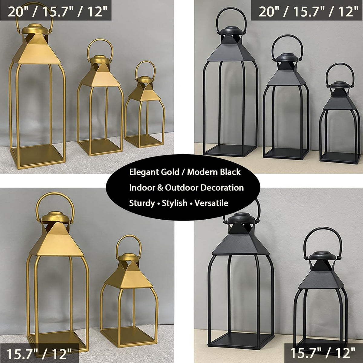 Collage of black metal lanterns shown in entryway, tabletop and outdoor patio scenes