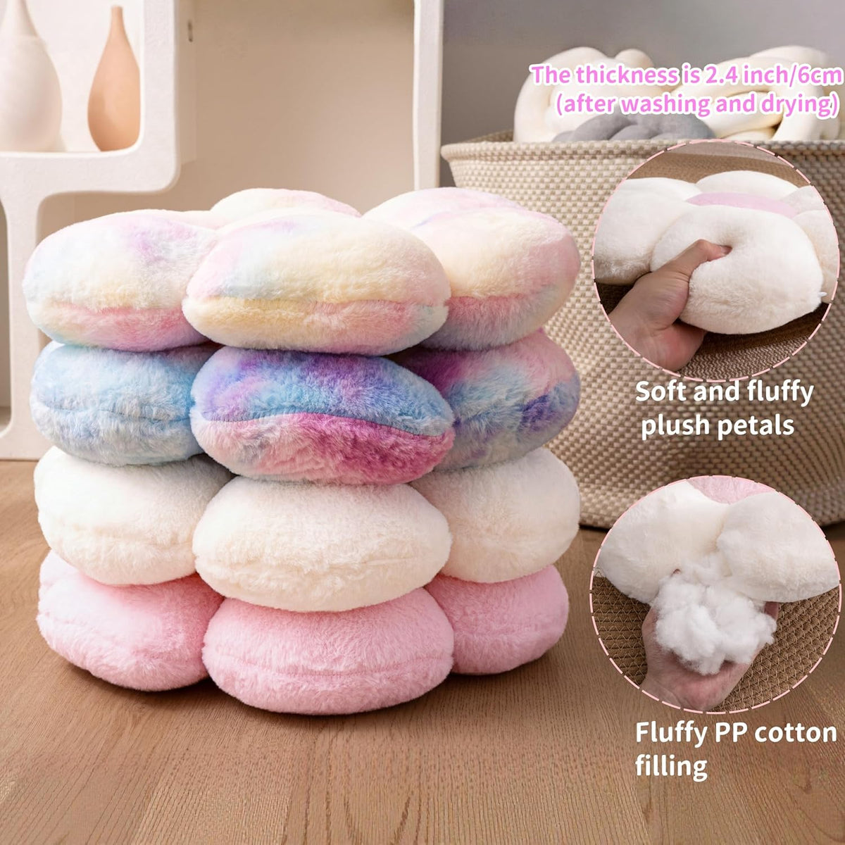 Stacked daisy pillows showing plush petal thickness with inset closeups of fluffy PP cotton filling