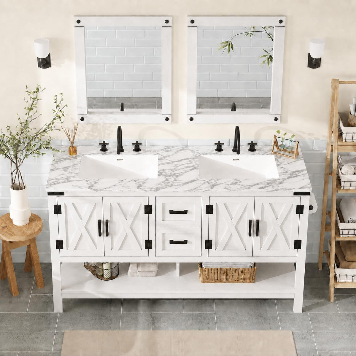 AMERLIFE 48" White Farmhouse Double Sink Bathroom Vanity, Solid White Top | Antique White, Solid White, gallery view 14