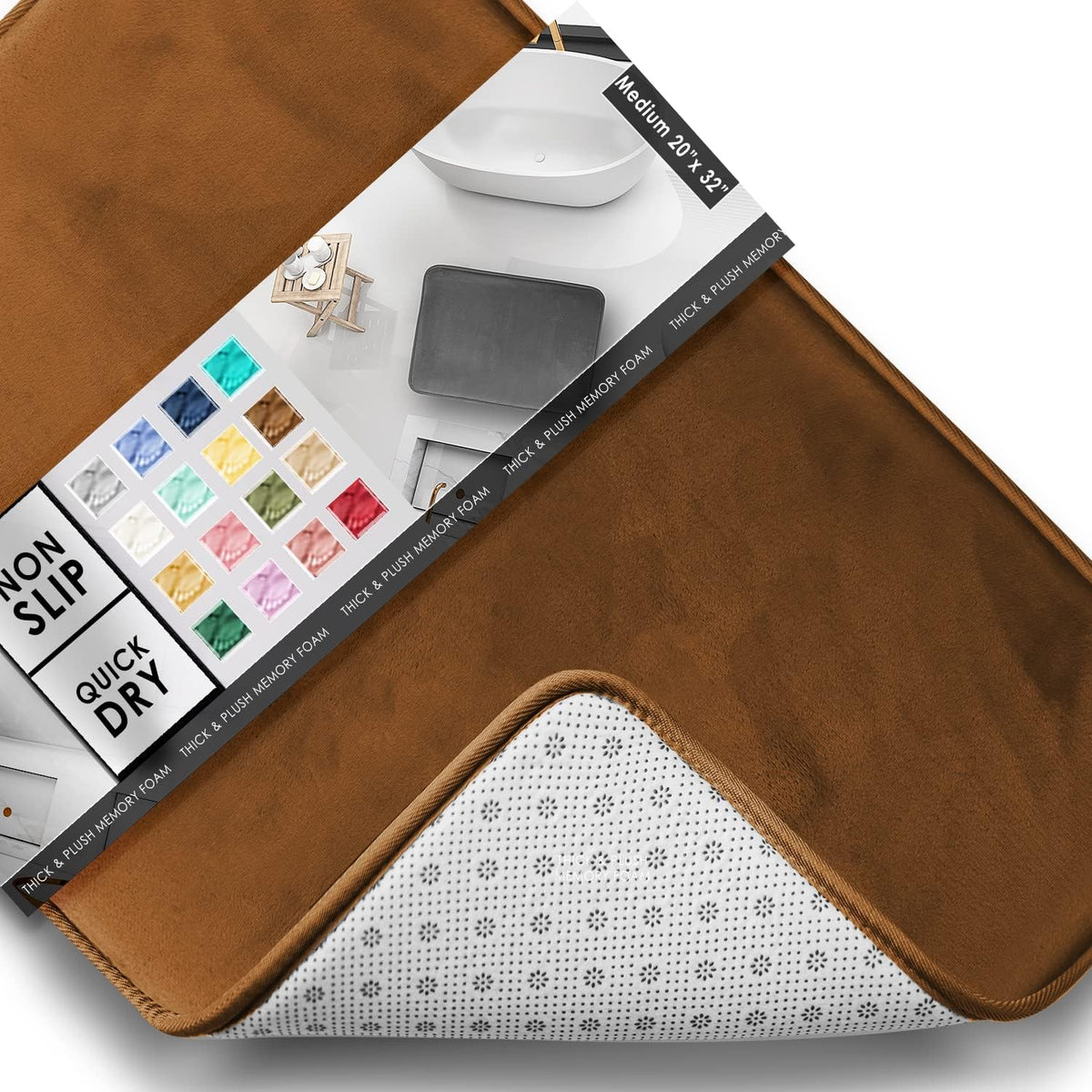 Warm brown mat corner showing the printed swatch panel and the perforated dotted non-slip underside.