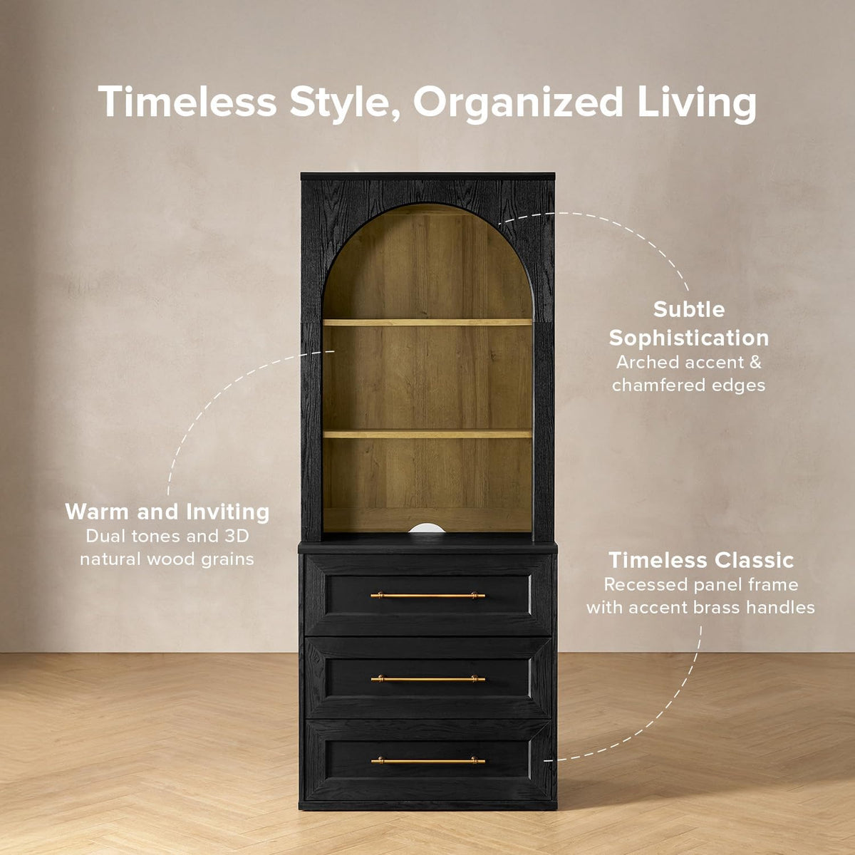 Front view of cabinet highlighting dual-tone wood grain finish, arched accent and brass-tone drawer handles