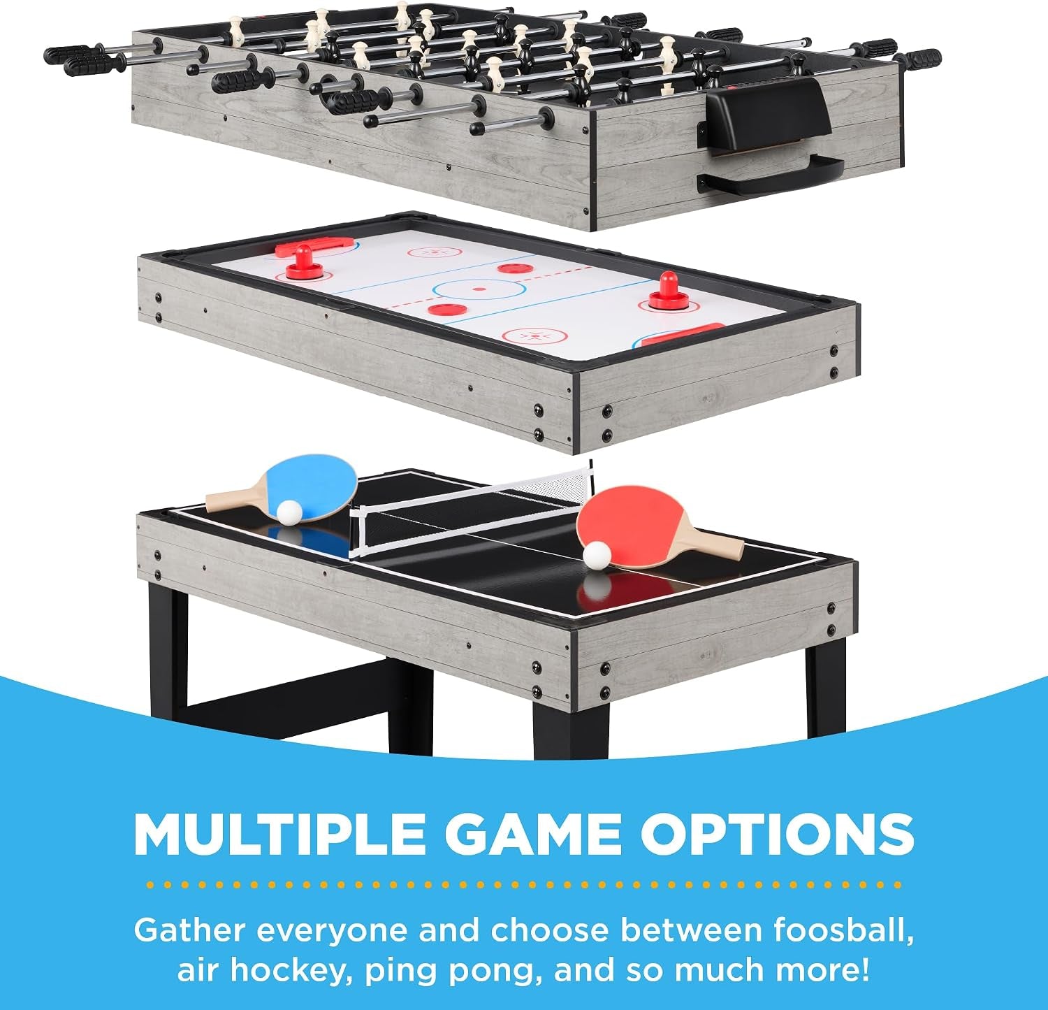 Stacked foosball and air-hockey panels with ping-pong paddles and net displayed, gray finish