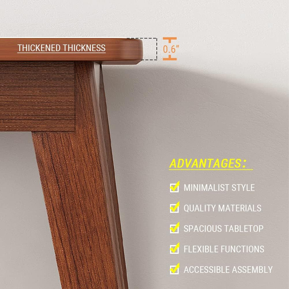 Close-up of a tapered rubberwood leg and the rounded tabletop edge in a walnut finish