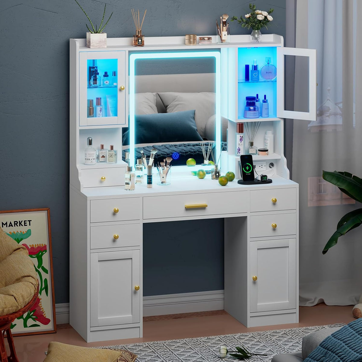 White vanity set with blue-tinted RGB cabinet lighting and mirror illuminated in a bedroom corner scene