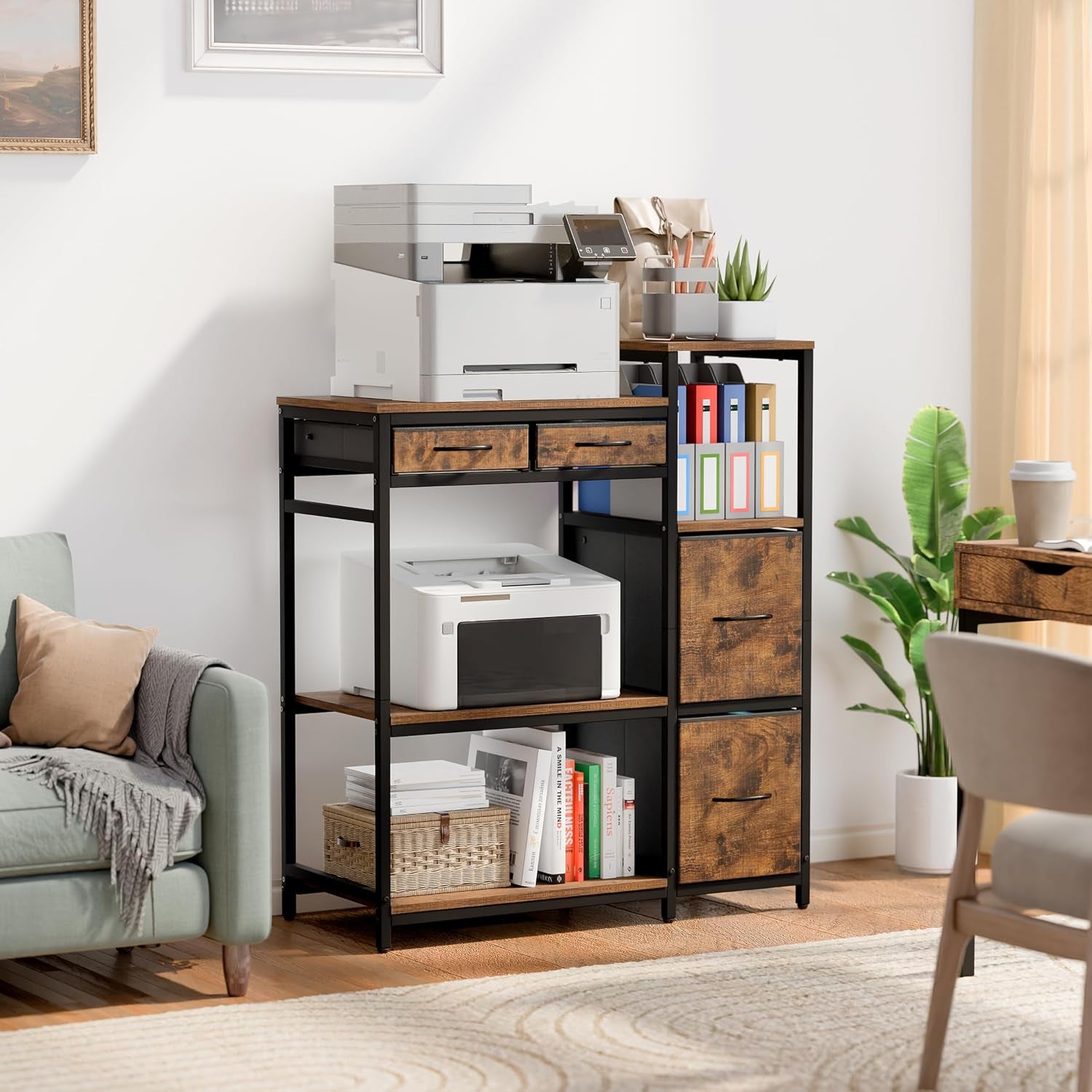 Three-quarter front view of the shelf with a large office copier on top, a printer on the middle shelf, and three wood-grain