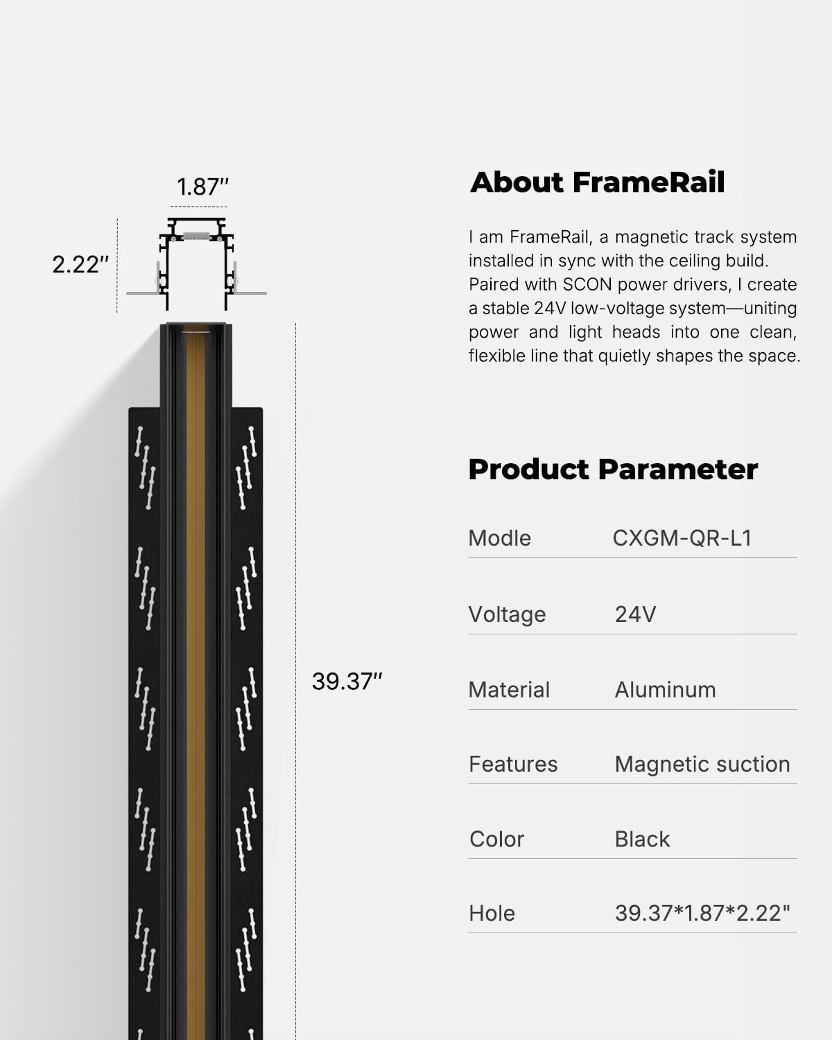 Close-up diagram of recessed track profile with dimensions labeled and a table of product parameters
