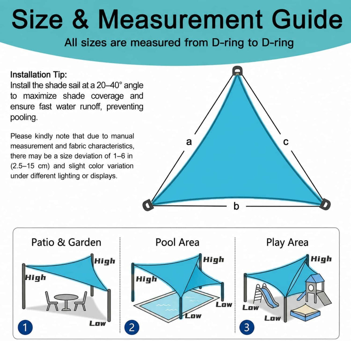 Size and measurement guide diagram showing triangle measured D‑ring to D‑ring and installation examples