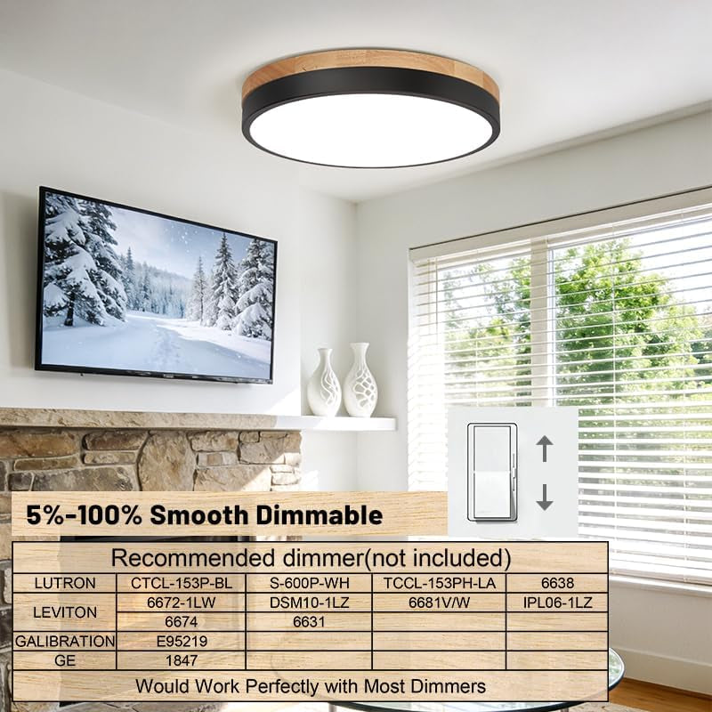 Installed wood-trim flush ceiling light mounted on a living room ceiling, front-facing interior view.