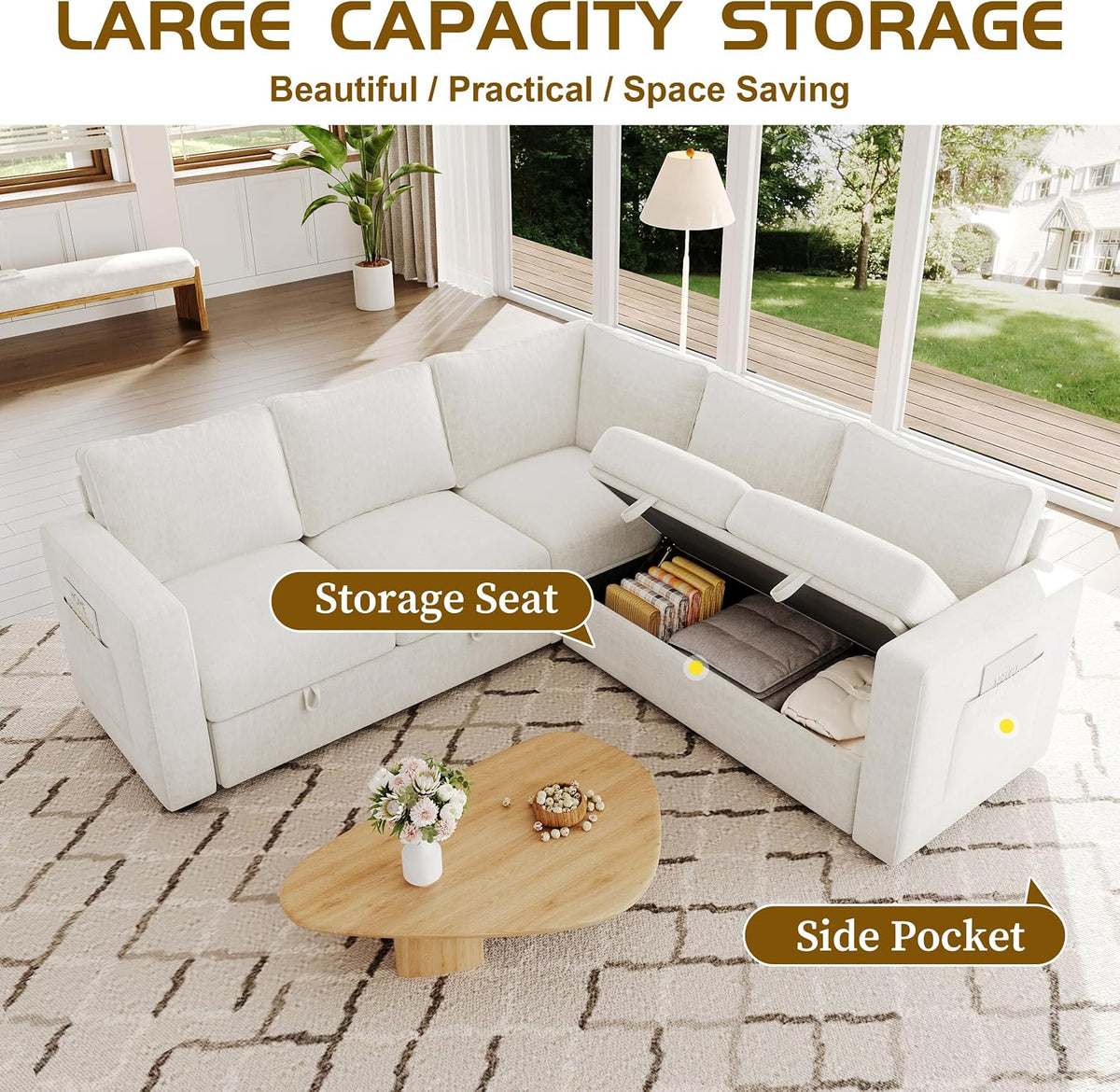 Cream chenille sectional with storage seat open and side pocket visible, angled top view