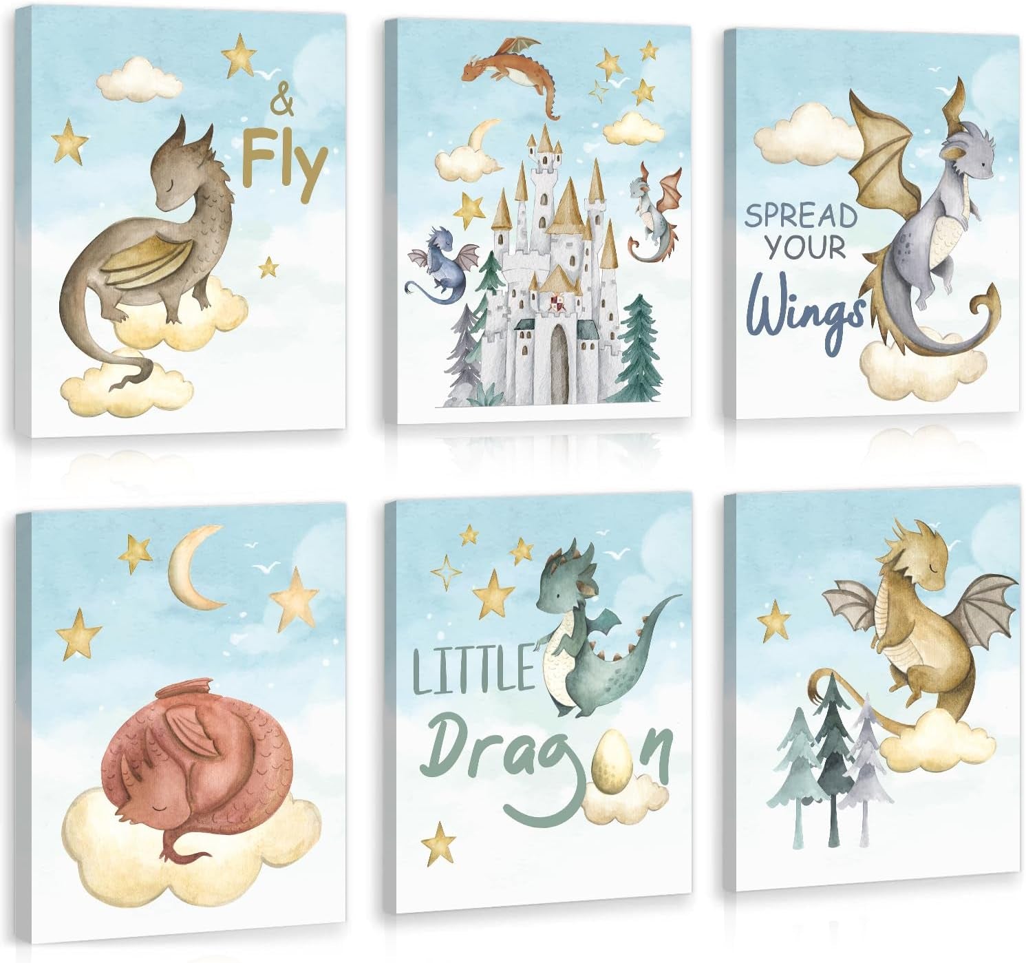 Six whimsical dragon-themed prints with pale blue skies, clouds, stars and castle motifs arranged in two rows.