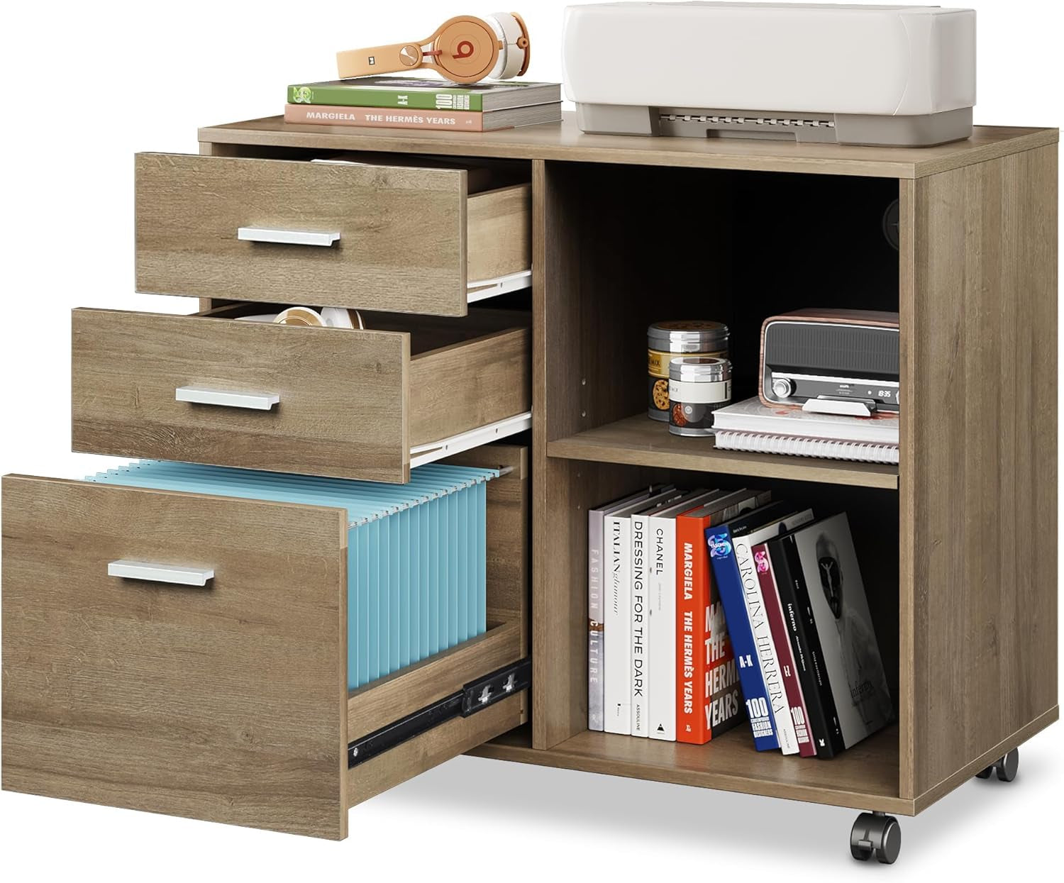 Studio view of the rolling file cabinet with drawers pulled out, hanging folders inside and a printer on the top surface.