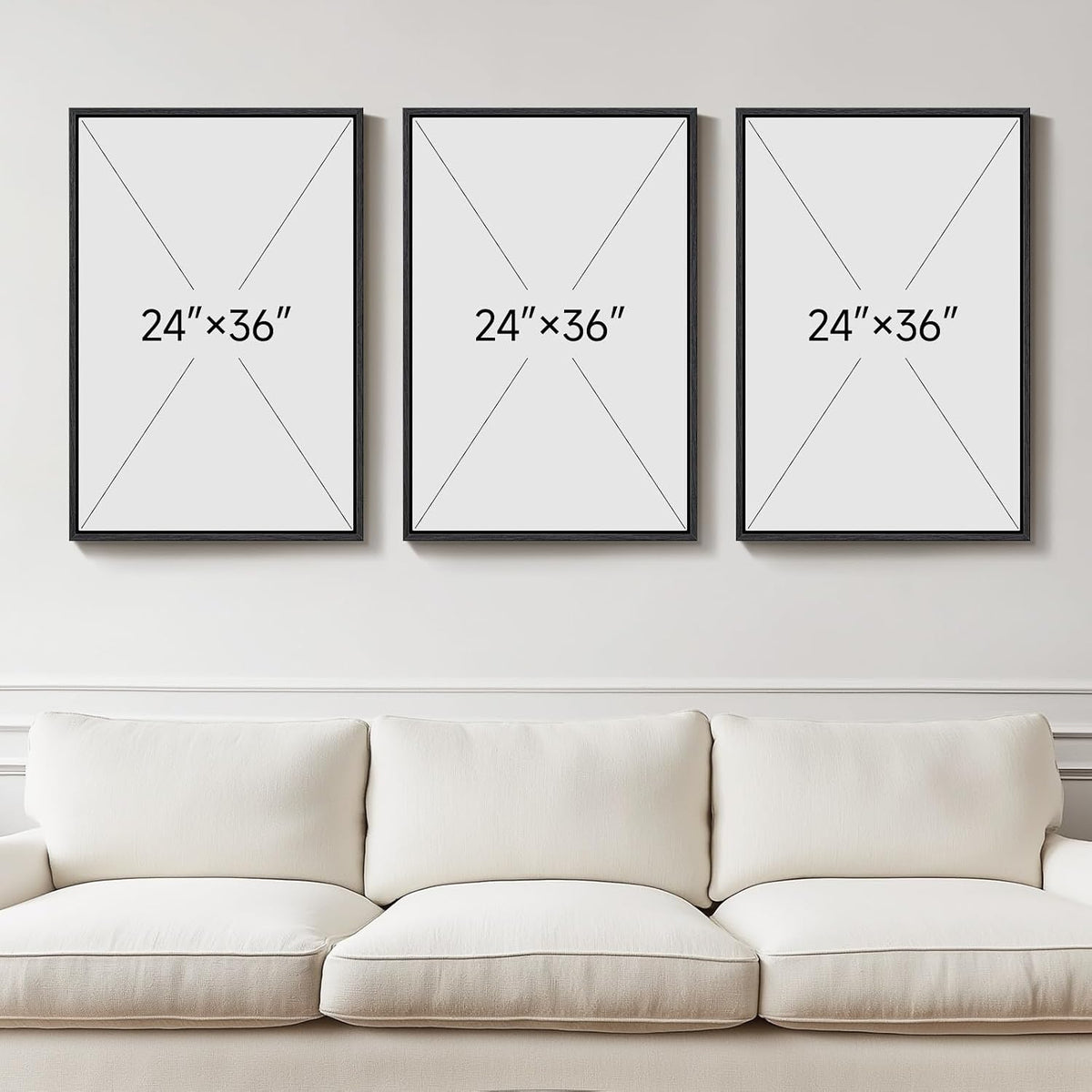 Three framed mockup panels with 24" x 36" placement diagram over a cream sofa, straight-on view