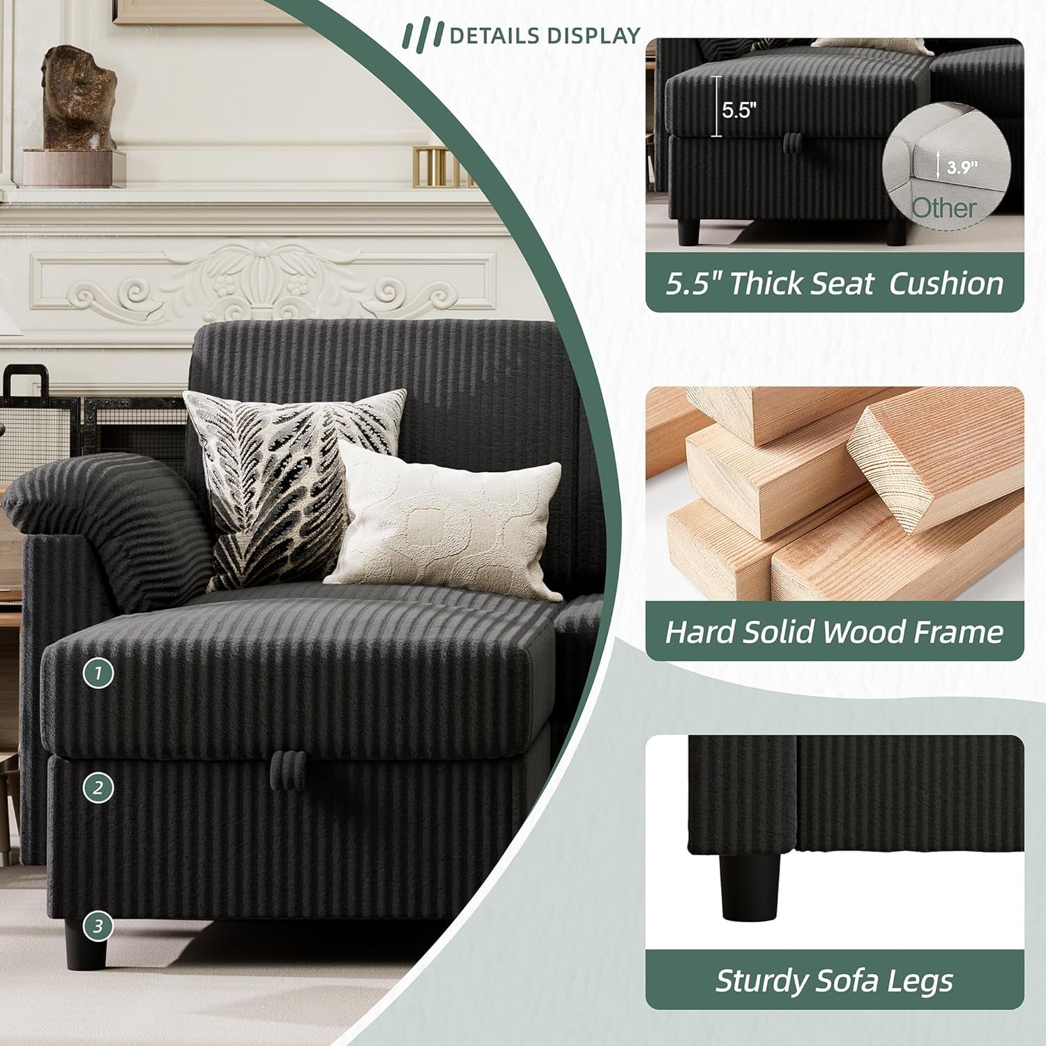 Convertible Sectional Couches, 3 Seat L Shaped Couch Sofa with Removable Pillows Soft Corduroy Fabric Small Couch Mid Century for Living Room, Apartment and Office (Black)
