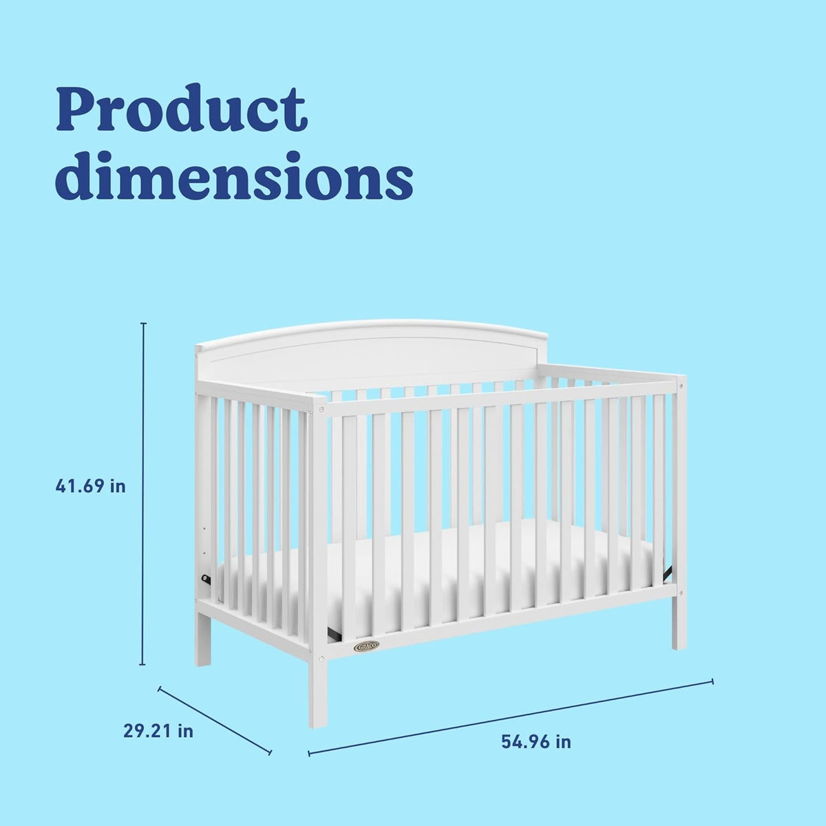 Angled view of the white crib with three labeled dimension lines showing height, depth and length.