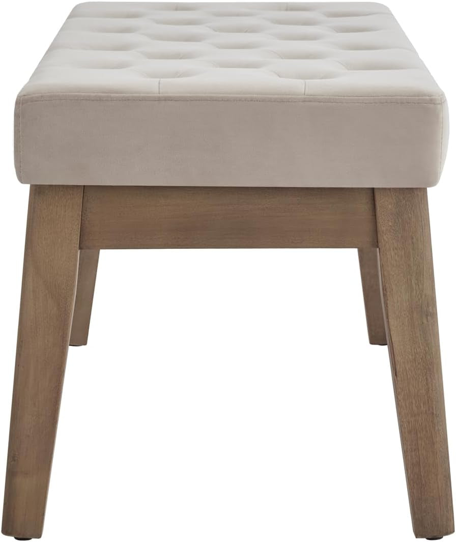 Straight-on end view highlighting tapered solid wood leg and the bench's edge profile
