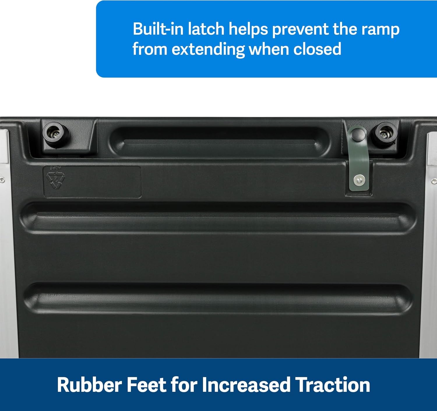 Underside view showing the built-in latch, recessed handle area and rubber feet for increased traction.