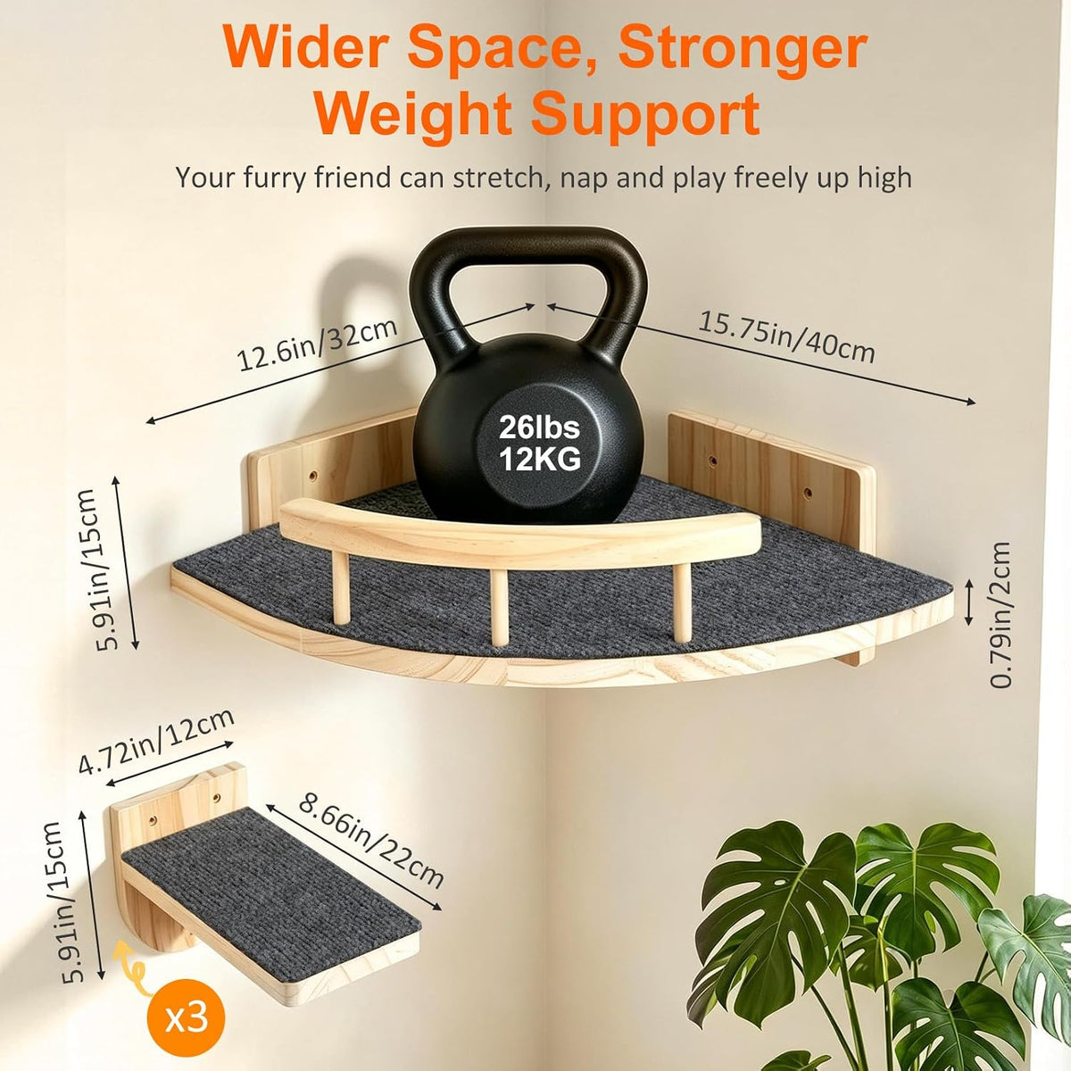 Corner bed platform with grey felt mat showing a weight-capacity callout and natural wood finish