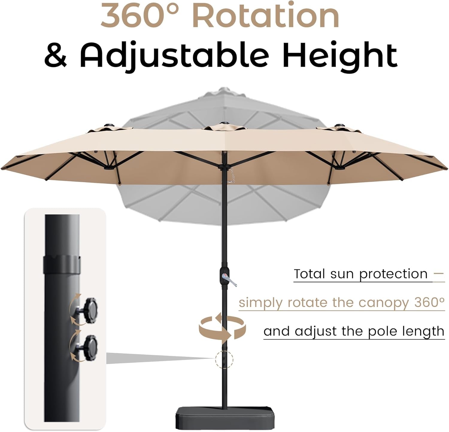 Front diagram of a beige rectangular patio umbrella on a black pole and base, inset shows pole adjustment knobs.